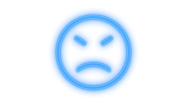 Angry neon emoticon icon with frown and mad eyebrows expression glowing colorful light sign style vector illustration element representing bad mood isolated on transparent background