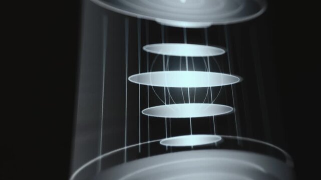 Stacked Glowing Discs Of A Rendered Dilution Refrigerator Inside A Quantum Chamber