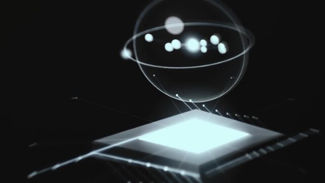 Luminous Sphere With Orbital Ring Hovering Above A Bright Quantum Chip