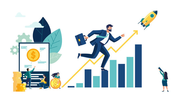 Finance. Business People, Ethnic, Analysis of Financial Growth, Business Development. Office Workers Studying Infographics. New Ideas, Teamwork in the Company, Brainstorming. Vector Illustration
