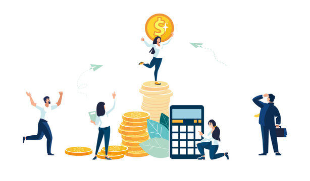 Financial presentation. Girl with dollar penny on stack of gold coins. Calculations on calculator of business income. People, wealth, Workers, businessman discuss finances. Vector illustrations
