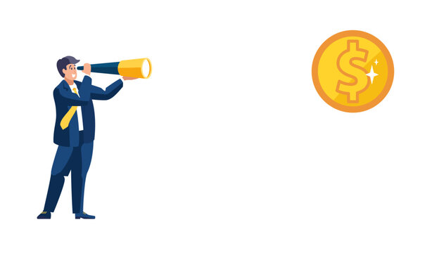 Business finance. Businessman in binoculars sees a golden dollar cent, penny, financial development. Growth of investment business profit, increase in income, people, bank, poster. Vector illustration
