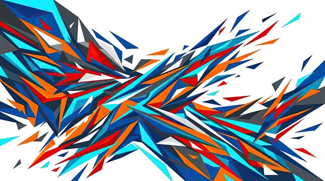 Blue and orange exploding geometric shard graphic.