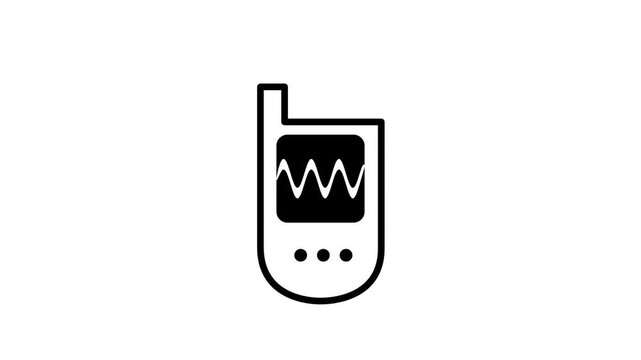 A black and white line icon of a single handheld walkie talkie radio with an antenna and a small screen displaying a live signal waveform outdoors