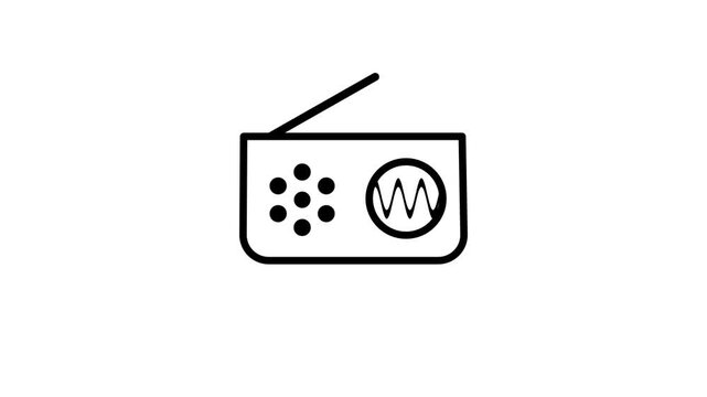 A simple black and white line icon showing a classic portable radio with an antenna, speaker dots, and a tuning dial for listening for entertainment
