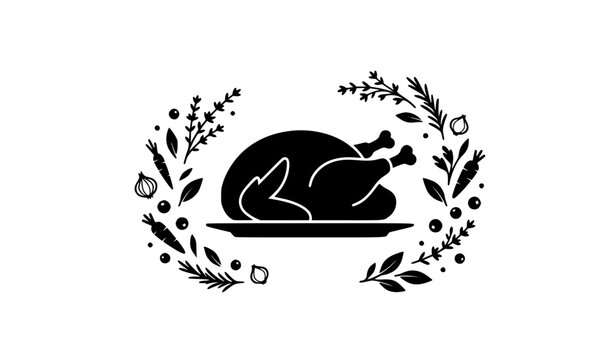 Minimalist roasted turkey black silhouette with festive garnish, holiday dinner food centerpiece, and Thanksgiving vector illustration