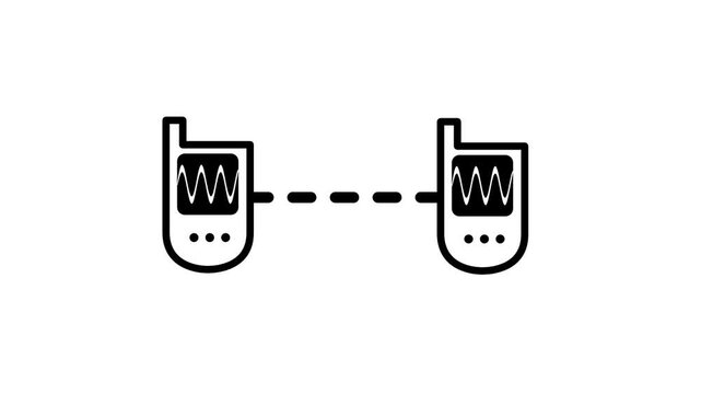 A black and white line icon depicting two walkie talkie handsets linked by a dashed line representing a wireless communication connection over long