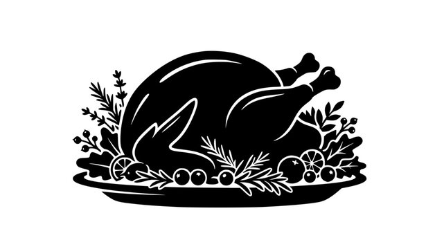 Roasted turkey with festive garnish black silhouette vector illustration for Thanksgiving dinner, holiday feast, and traditional celebration design