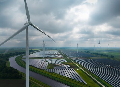 A solar farm and wind turbine generate power in Groningen