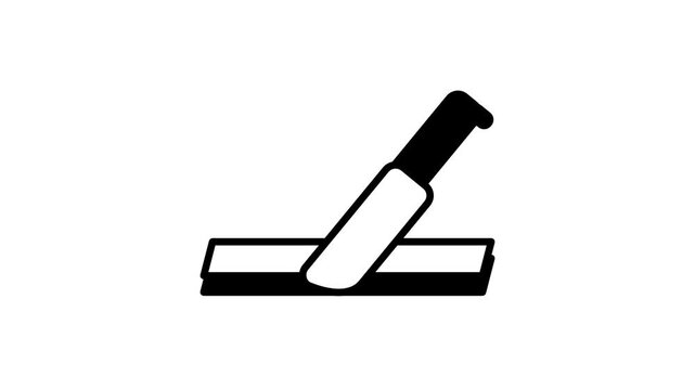 A black and white line icon showing a kitchen knife being sharpened by carefully dragging its blade across a flat sharpening stone or leather strop