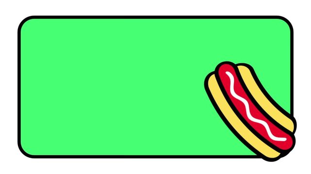 A colorful icon showing a classic hot dog with a squiggly line of yellow mustard placed on a green napkin or plate served at a casual roadside diner