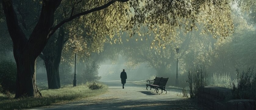 Solitary man walking down a park path in heavy fog with sunlight filtering through trees