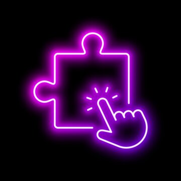 Pointer Selecting Puzzle Piece Interface Option. Neon glowing effect icon
