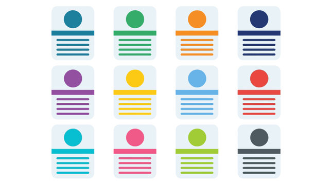 Set of colorful user profile card icons with avatars and text placeholders