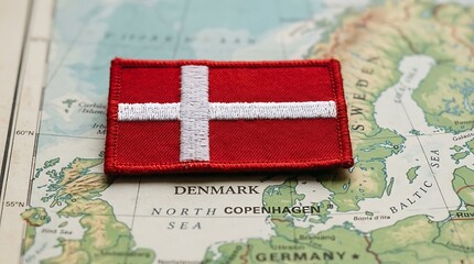 Denmark on world map with red pin marker. European country location highlighted on travel atlas for business or tourism planning. © Mom Studio