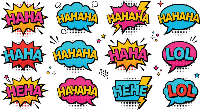 Retro Pop Art Comic Speech Bubble Sticker Pack with Haha Lol and Hehe Laughing Typography for Fun Greeting Cards, Posters, and Social Media Designs