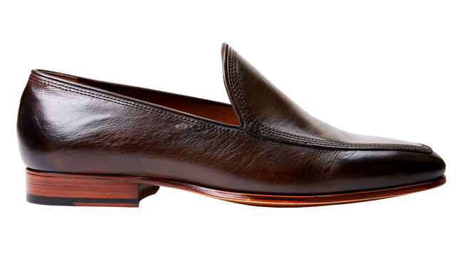 Brown leather slip-on loafer shoe with stacked heel