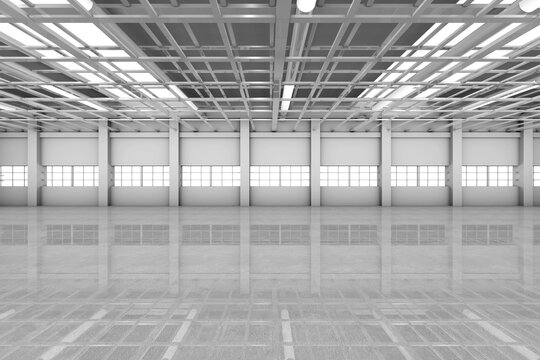 Architecture visualization of an empty warehouse, 3D Rendering