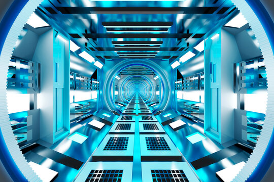 Three dimensional render of futuristic corridor inside spaceship or space station
