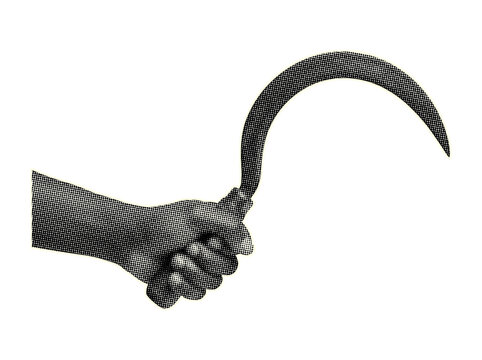 Retro halftone hand holding sickle art collage on transparent background.