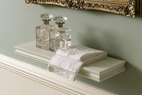 Elegant ivory floating shelf displaying crystal perfume bottles and a hand-embroidered linen washcloth in a softly lit bathroom setting
