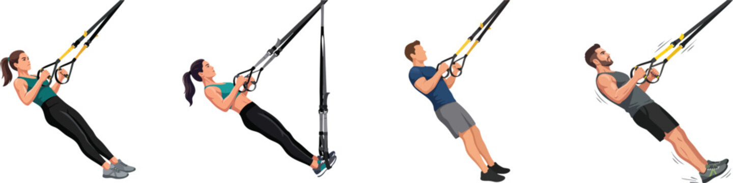 Athlete performing suspension training exercise with fitness straps, vector set isolated on white
