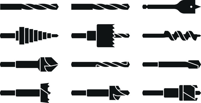 Drill Bit Types Set Vector Illustration for Professional Construction Work and Woodworking Tools