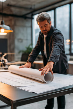 Man with light brown hair rolls up architectural blueprint on a black steel desk in an industrial-style home office with large windows