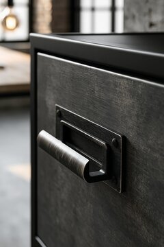 Closeup of brushed black metal filing cabinet handle in industrial loft home office, illuminated by soft morning light through large windows