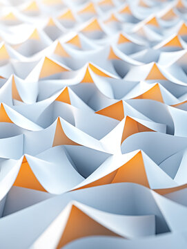 Abstract 3D geometric pattern with orange and white folded paper peaks creating a minimalist rhythmic texture for modern design background