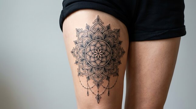 Mandala tattoo design on woman thigh