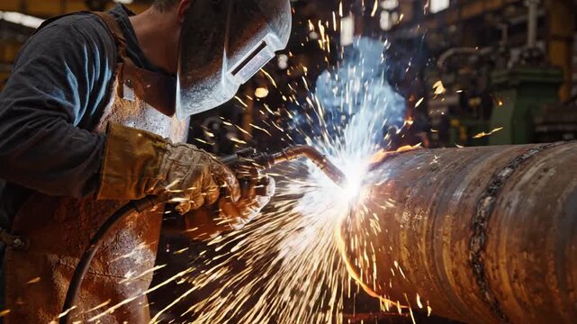 Industrial Welder Joining Metal Pipe with Sparks