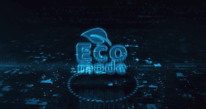 Eco mode and ecology friendly hologram symbol appears on a digital background. Network, cyber technology and computer abstract concept 3d animation.