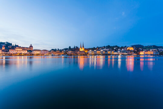 Switzerland, Canton of Lucerne, Lucerne, Lake Lucerne, City view, Blue hour