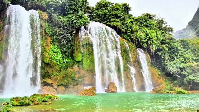 This waterfalls spread across limestone terraces, where emerald river water and towering karst cliffs create an iconic border landscape. Ban Gioc Waterfall, Cao Bang, Vietnam.