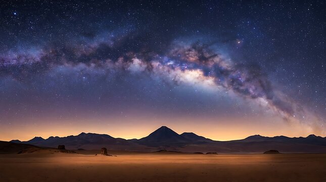 Milky way galaxy over mountains in the desert at night