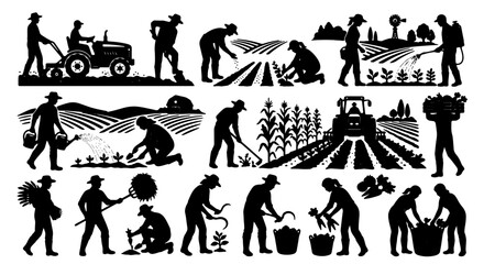 Obraz premium Farm Agriculture Silhouettes: 15 Vector Icons of Farmers, Tractors, Harvesting, and Rural Life for Organic Food and Countryside Concepts