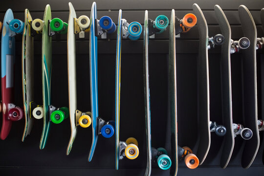 Various skateboards in shop
