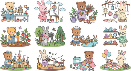Naklejka premium Cute Teddy Bear and Bunny Character Illustration Set Featuring Creative Hobbies, Indoor Crafts, Gardening, Music, and Playful Activities for Children Vector Graphic Designs