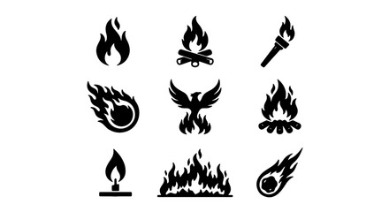 Obraz premium Fiery Elements Vector Icons: Flames, Torches, Comets, and Phoenix Symbol Set, Black and White Graphics for Heat, Energy, and Mythological Concepts