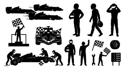 Fototapeta premium Formula 1 Racing Icons Set: Speeding Cars, Pit Stop Mechanics, Champion Podium, Checkered Flags, and Drivers in Silhouette