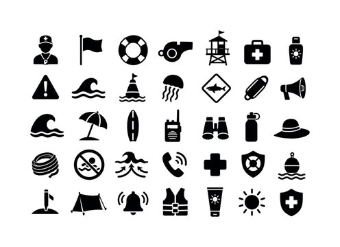 Beach Safety Icons. Solid glyph icon set of beach safety summer ocean protection: lifeguard, warning flag, lifebuoy, whistle, lifeguard tower, first aid kit, sunscreen, warning sign, waves, swim zone