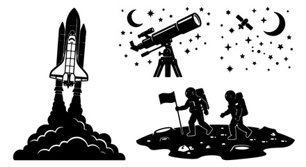 Space Exploration Vector Icons: Rocket Launch, Astronauts on Moon, Telescope Viewing Stars, Satellite in Orbit, Celestial Night Sky Elements © Lalmiya