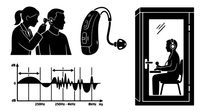 Audiology Set: Hearing Test, Sound Booth, Audiogram, Hearing Aid, Medical Professional, Diagnostic Tools, Healthcare Vector Icons