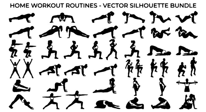 Home Workout Routines Vector Silhouette Bundle: Fitness Exercises, Bodyweight Training, Active Lifestyle Silhouettes for Health and Wellness Graphics