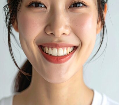 Extreme close-up of a happy East Asian woman smiling showing clean white teeth and dimples.