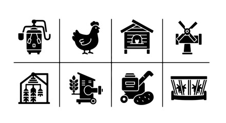 Farm Icons Set: Chicken, Coop, Mill, Greenhouse, Harvester, Agriculture Elements, Vector Graphics for Rural Life and Farming Concepts © Khokon