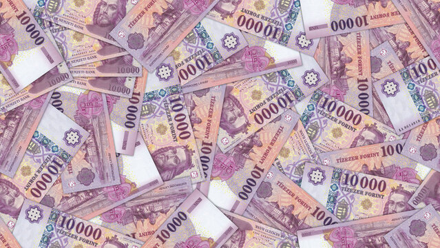 Seamless pattern. Financial illustration. Scattered Hungarian 10000 forint banknotes. Obverse and reverse. Hungary money. Ten thousand forints. Economic texture. Wallpaper or background