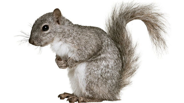 Gray squirrel with bushy tail and white chest fur
