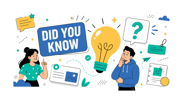 Did You Know Ideas clean editorial banner scene, 2 geometric characters max discovering an oversized light bulb and speech bubble question card with small supporting details including fact card, idea